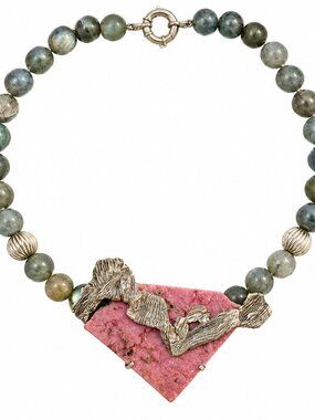 Labradorite Beaded Statement Necklace with Pink Stone Pendant, Pre-Owned